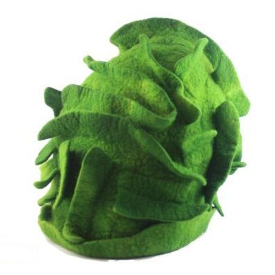 A green hat that looks like a lettuce on a white background