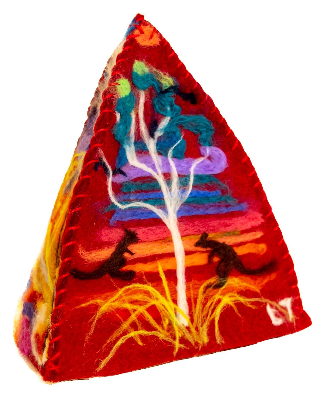 A red triangle with a tree and kangaroos on it