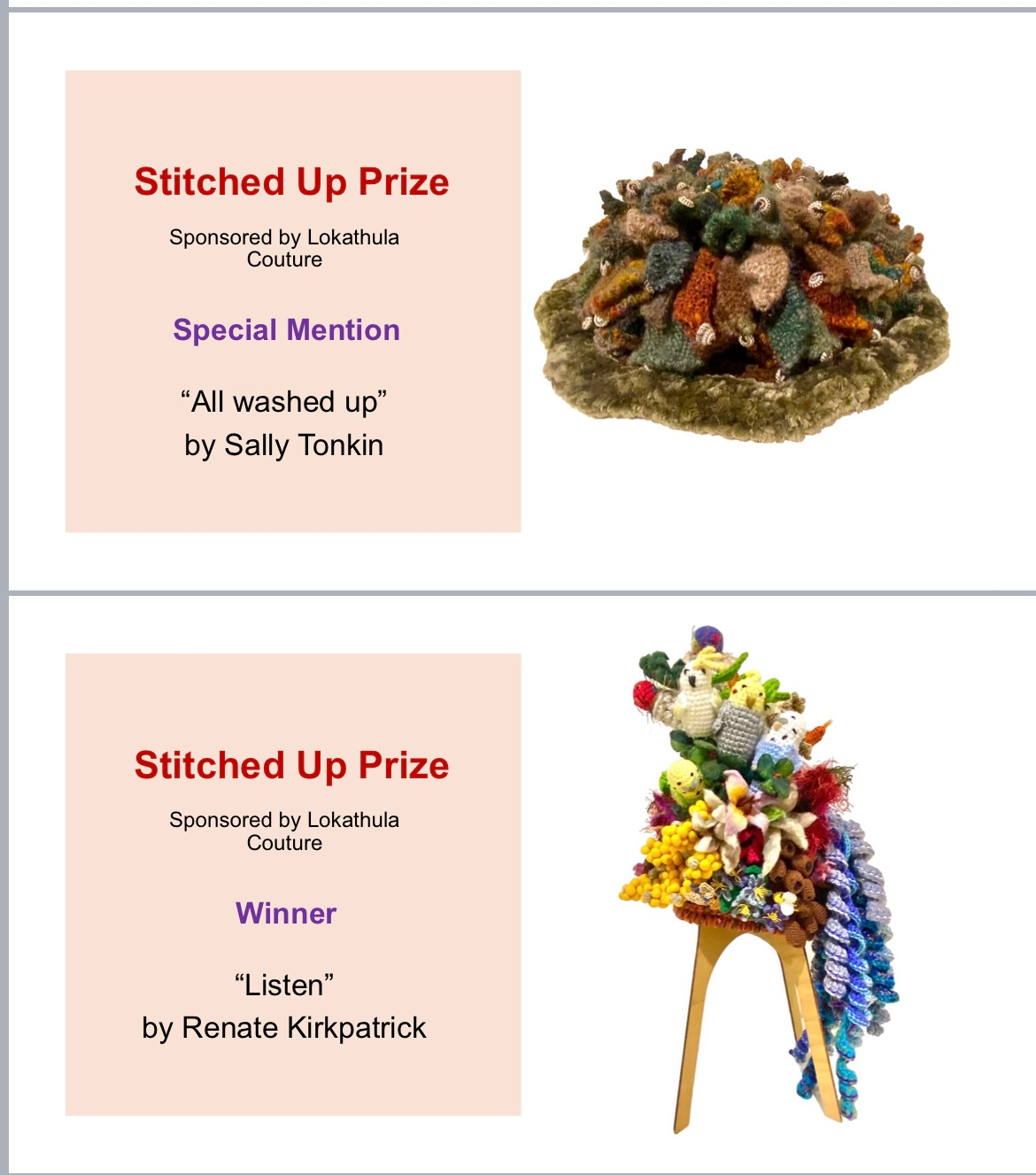 A picture of a stitched up prize and a picture of a stitched up prize