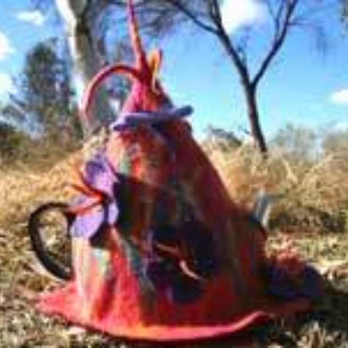 A red teapot is sitting on the ground in a field.