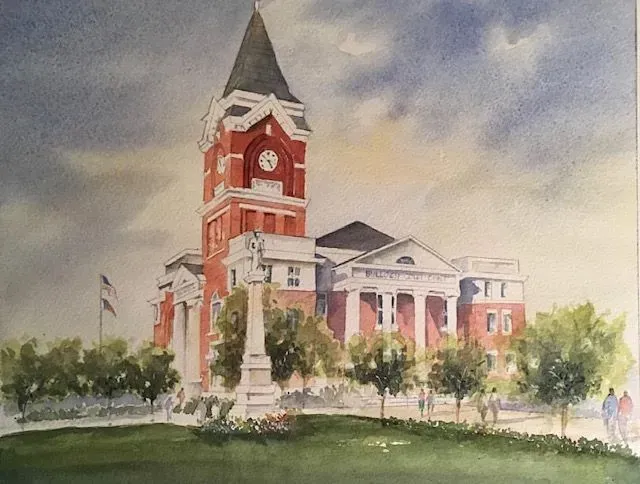 Watercolor painting of a red brick courthouse with a tall clock tower, green lawn, and cloudy sky.