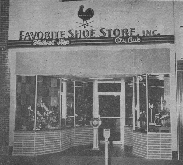 Favorite Shoe Store, Inc. exterior; storefront with a rooster logo, display windows, and a doorway.