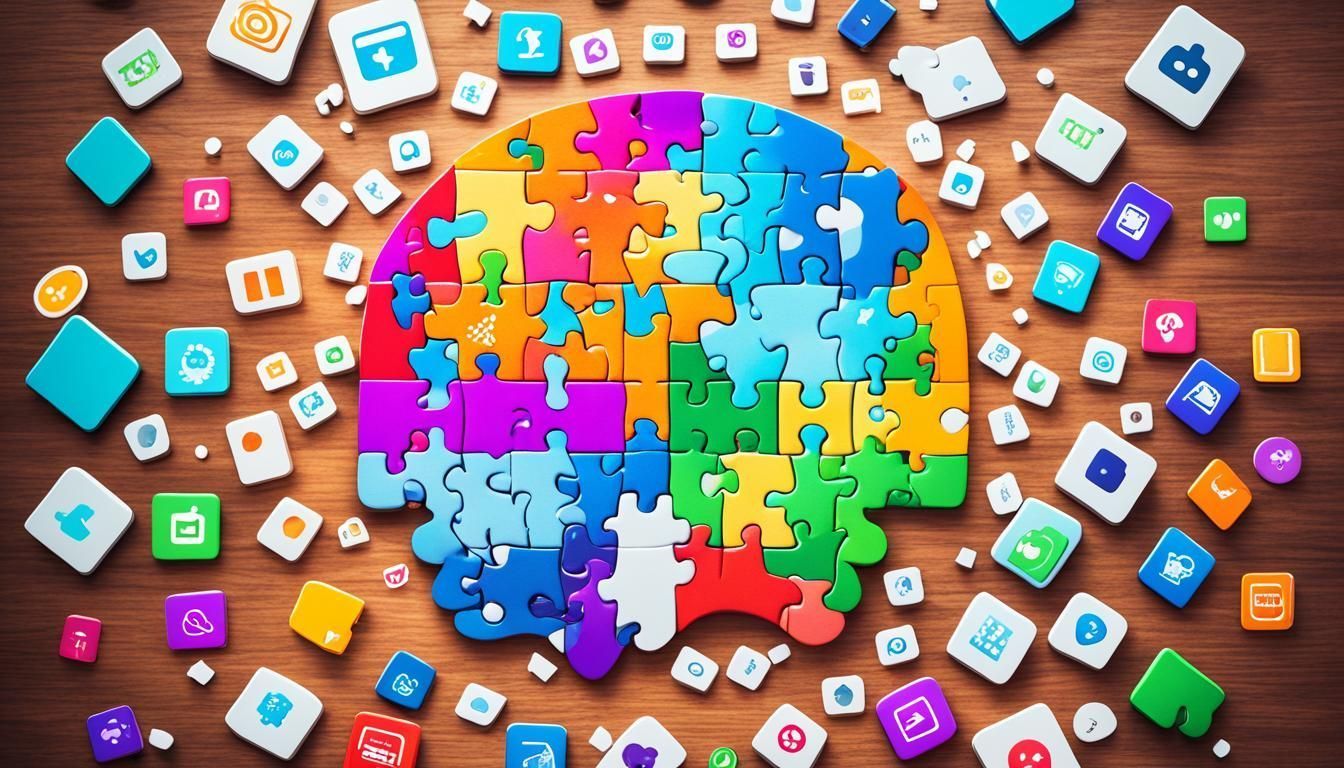 Brain-shaped jigsaw puzzle made of colorful pieces, surrounded by app icons on a wooden surface.