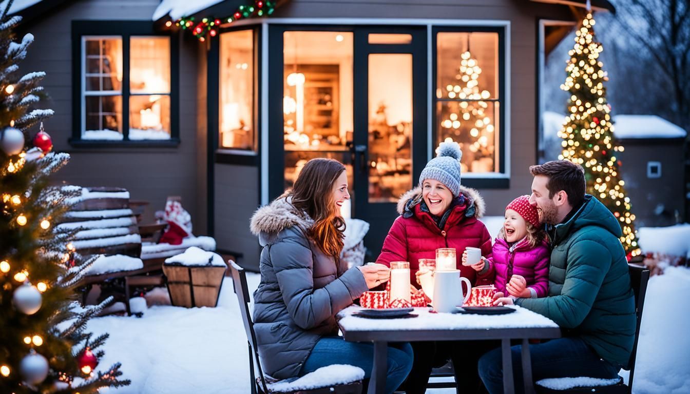 Family enjoying a snowy outdoor Christmas gathering with food, decorated tree, and cozy cabin in the background.
