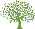 Green stylized tree with a full canopy of leaves on a white background