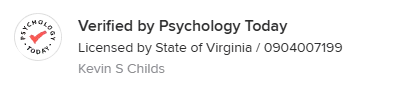 Verified by Psychology Today badge with license details for Kevin S Childs.
