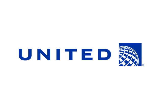 United Airlines logo: blue text and globe icon on white.
