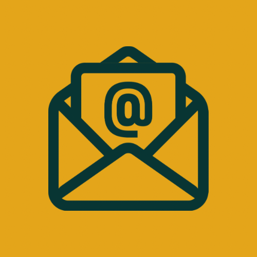 Open envelope with an at symbol on a card. Dark teal outline on yellow background.