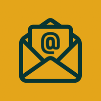 Open envelope with an at symbol on a card. Dark teal outline on yellow background.