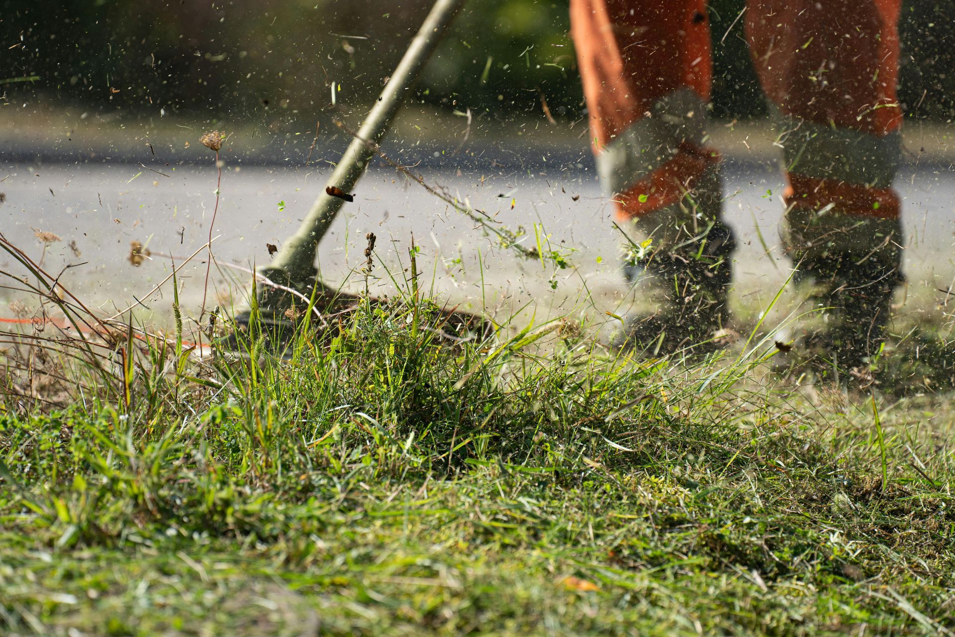 Person in orange pants uses a weed wacker on grass; debris flying.