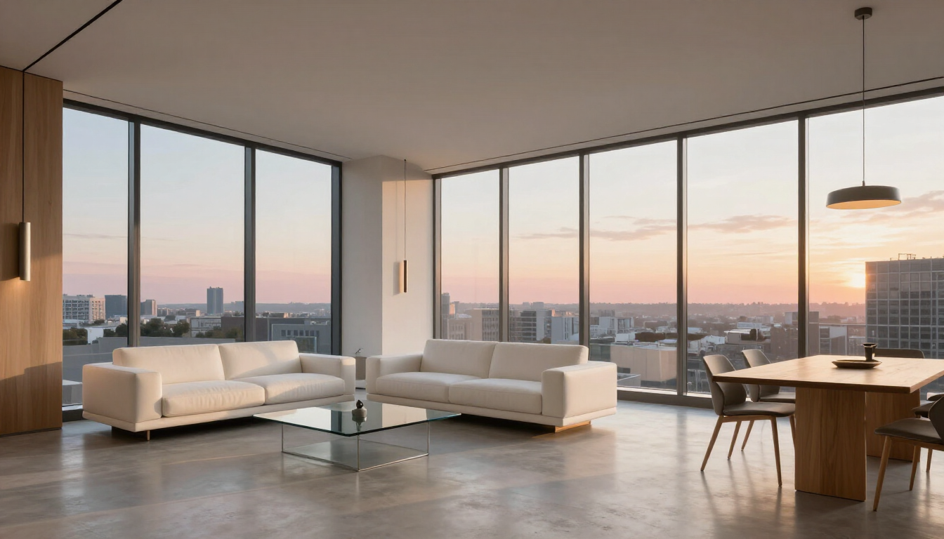 Modern living room with floor-to-ceiling windows, city sunset view, white sofas, and dining table