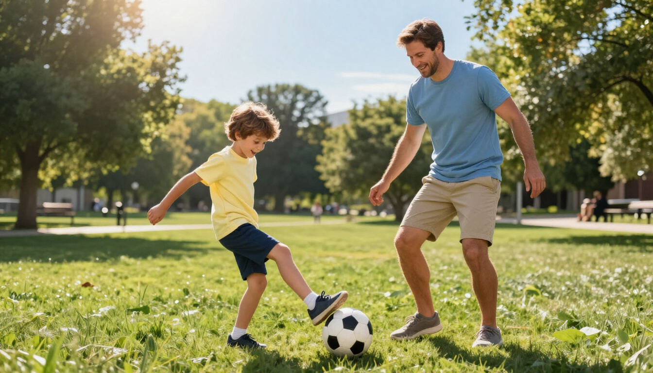 Adult and child playing soccer in a sunny park, kicking a black-and-white ball on the grass.