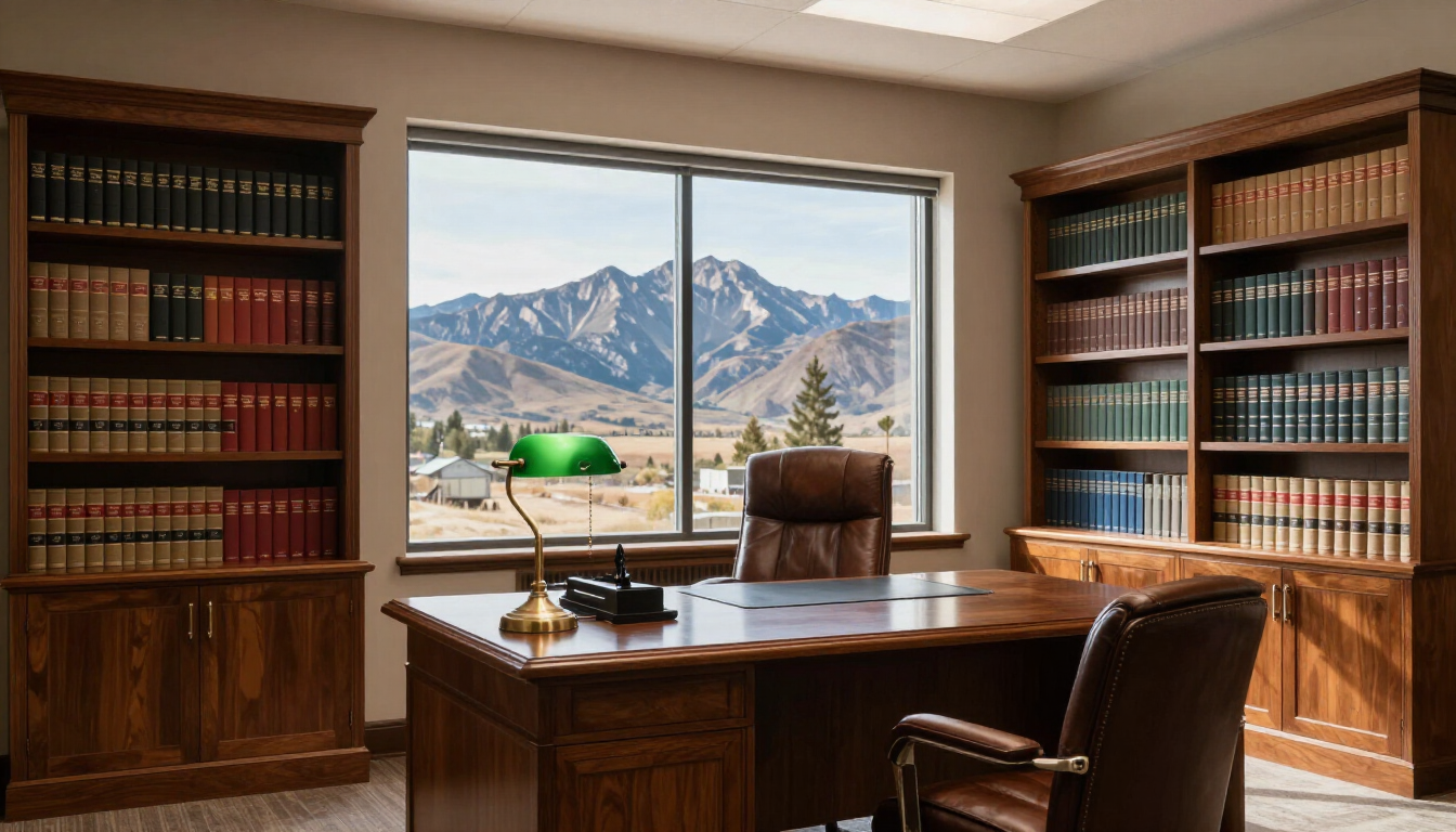 Wood-paneled office with desk, bookshelves, and large window overlooking mountains and a green field