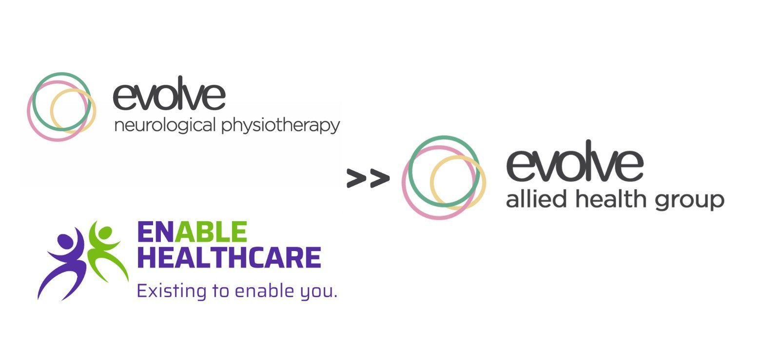 Logos for Evolve Neurologic Psychiatry, Evolve Allied Health Group, and Evolve Healthcare with purple and green accents