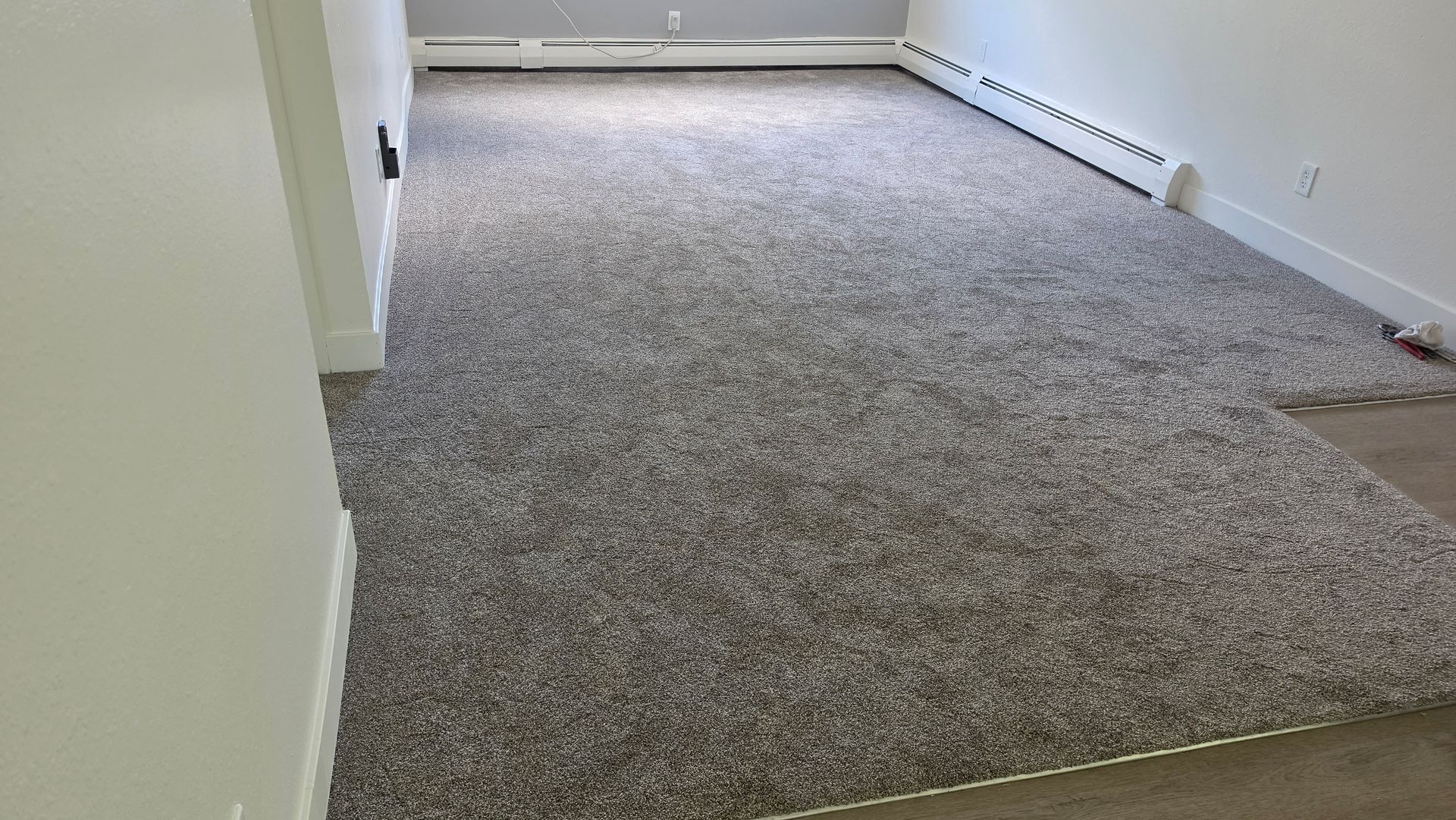 Empty carpeted room with white walls and baseboards, viewed from a doorway.