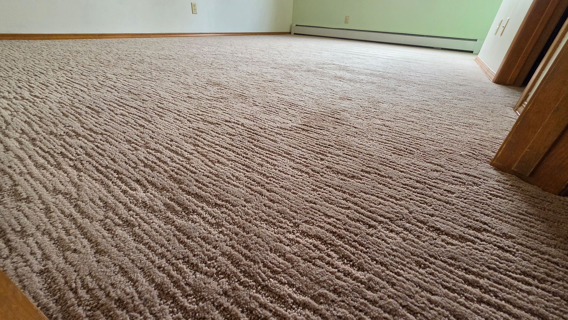 Close-up of beige textured carpet in a hallway with white baseboards and wood trim at the right edge