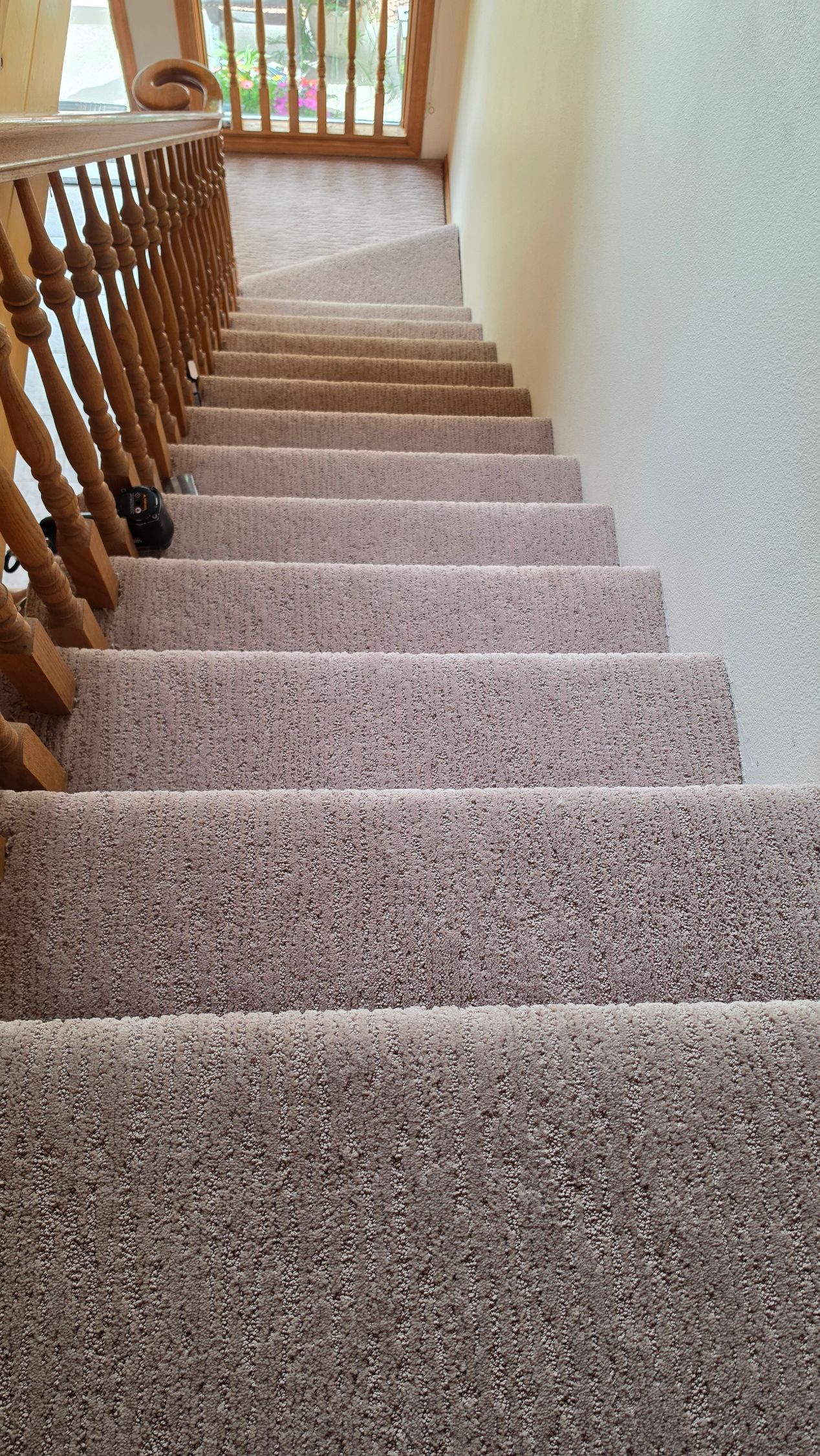 Carpeted staircase with wooden railing leading up to a bright hallway and door.