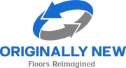 Logo with blue and gray arrows above “ORIGINALLY NEW” and the tagline “Floors Reimagined”