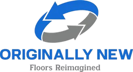 Logo with blue and gray arrows above “ORIGINALLY NEW” and the tagline “Floors Reimagined”