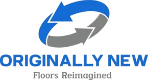 Logo with blue and gray arrows above “ORIGINALLY NEW” and the tagline “Floors Reimagined”