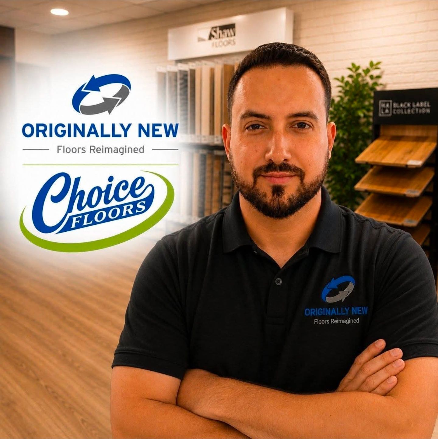 Choice Floors promo with a man in a black polo standing in a showroom, logo and “Originally New” text visible