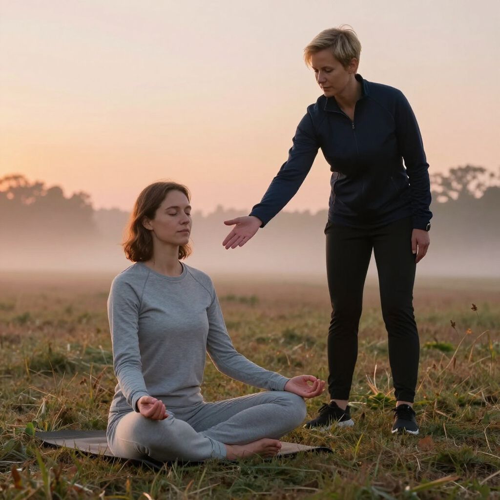 Woman meditating in field; another woman guiding with hand outstretched.