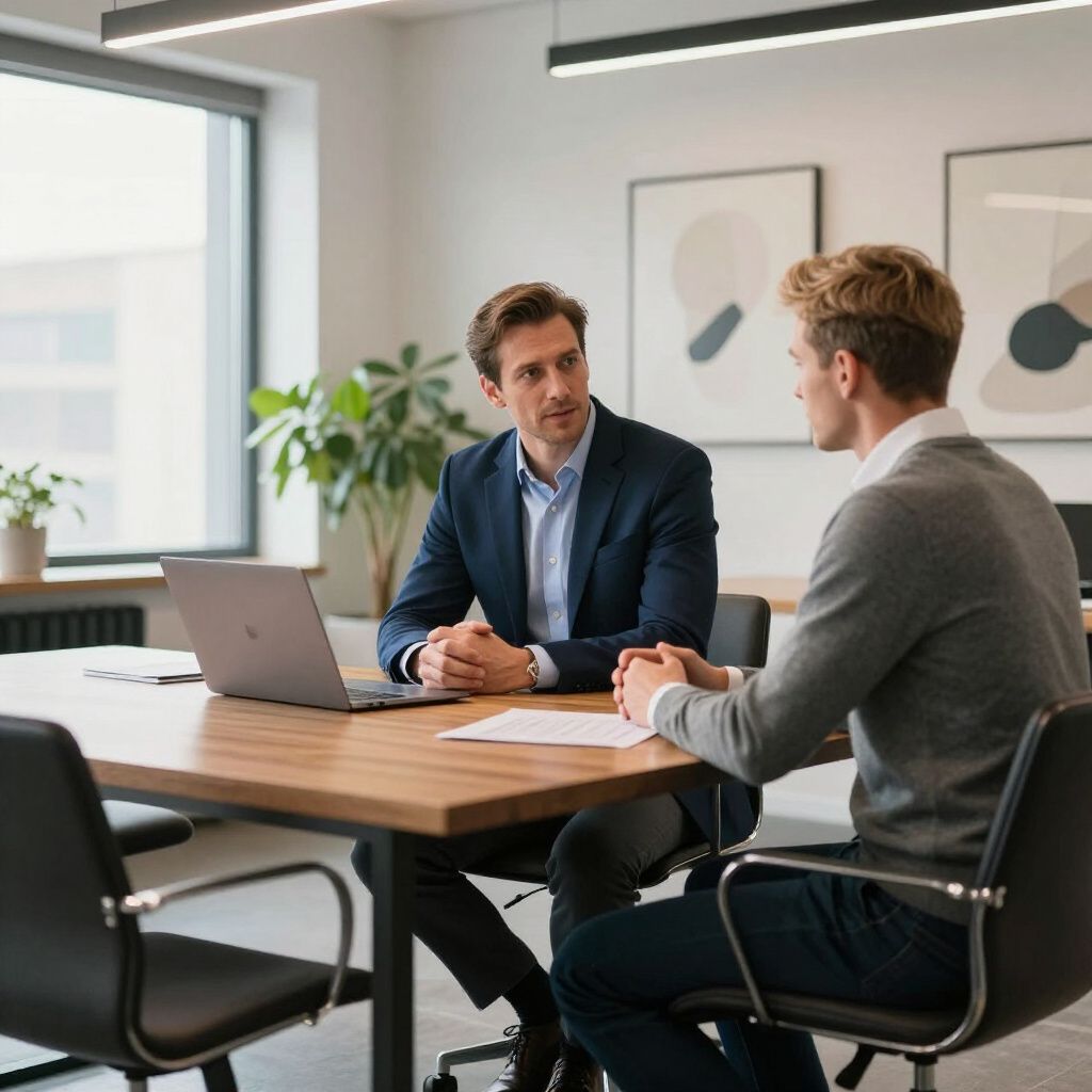 Two men in an office meeting at a table with a laptop and papers. One wears a suit, the other a sweater.