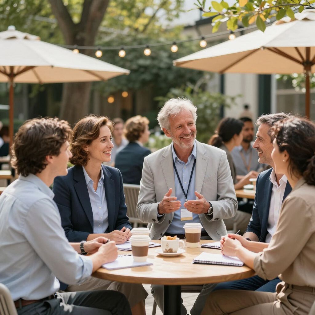 Group of people in business attire at an outdoor cafe, discussing around a table, with coffee cups.