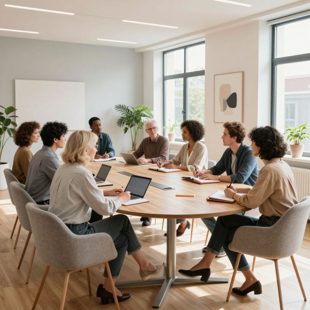 People seated around a large table, collaborating in an office setting.