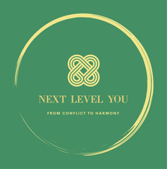 Green logo with a gold double infinity knot inside a gold circle. Text: Next Level You: From Conflict to Harmony.