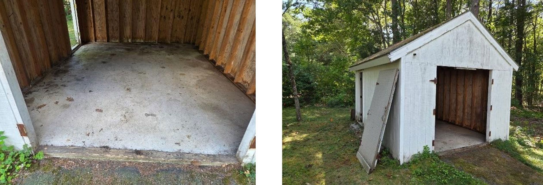 Two views of a small white wooden shed, one showing an empty interior, the other the exterior with open doors.
