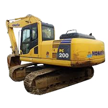 A yellow excavator is sitting on a white background.