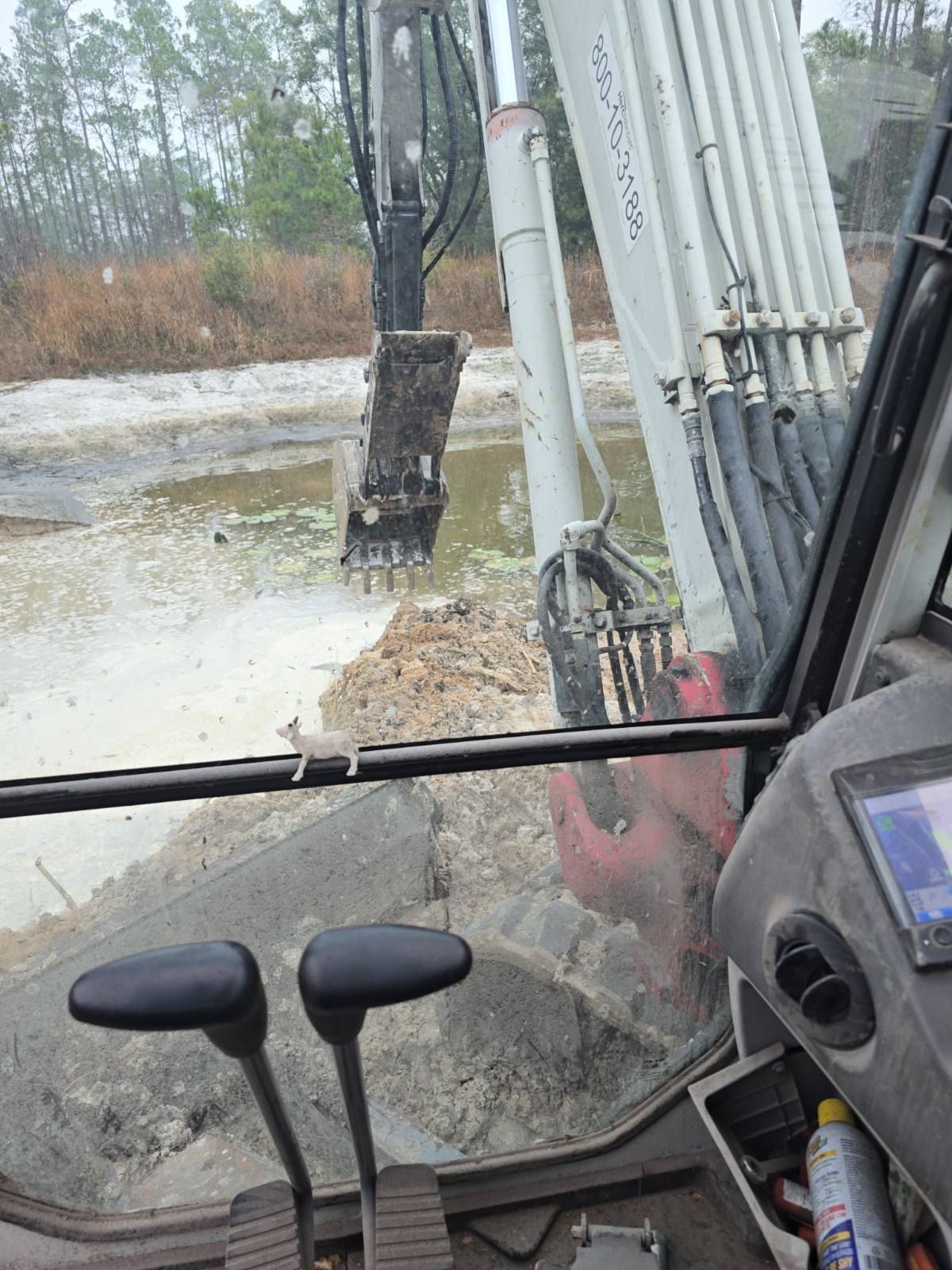 An excavator in use, seen from inside the cab, digging in muddy water.