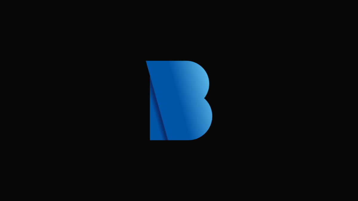 Blue stylized letter B logo on a black background