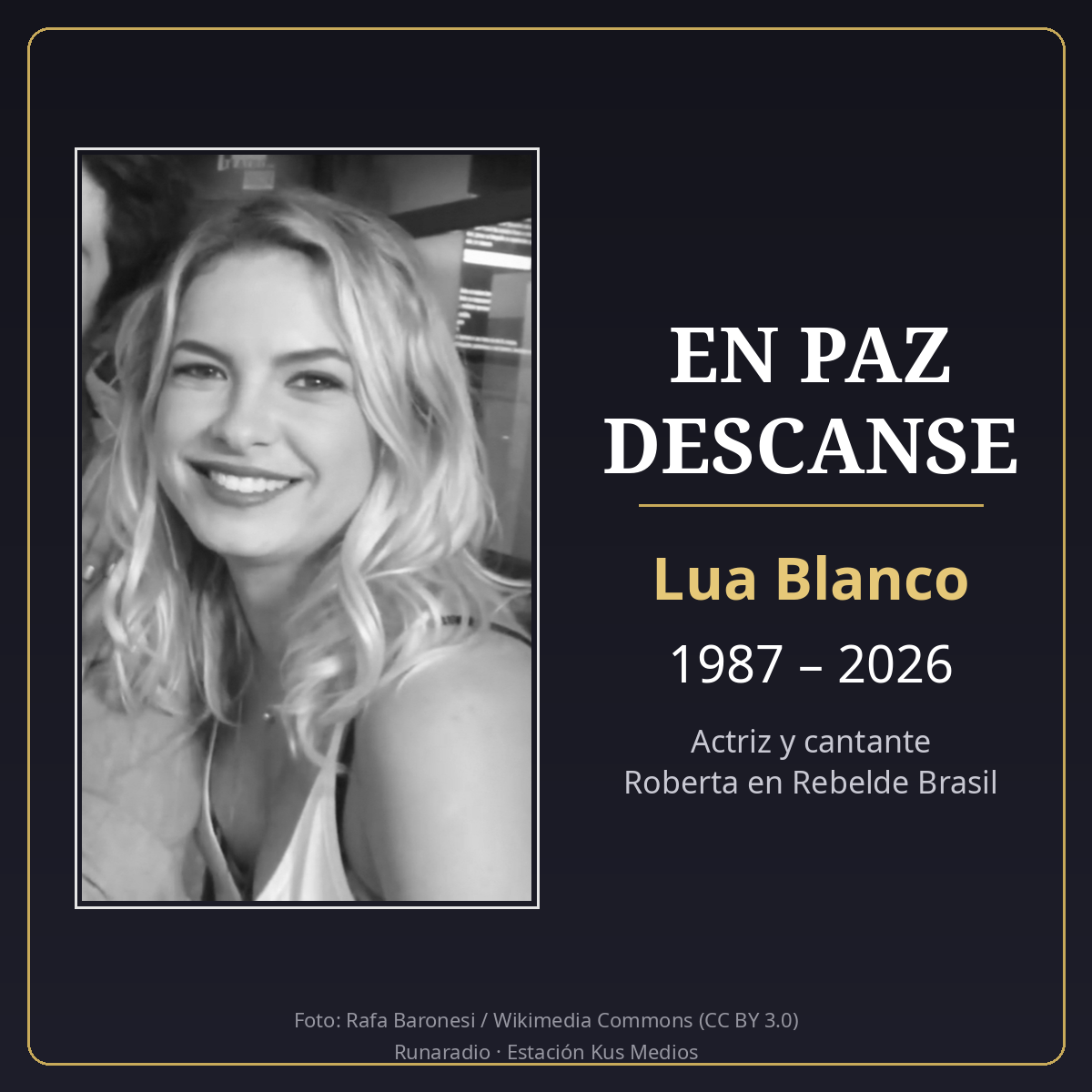 Homenaje a Lua Blanco, 1987-2026, con su foto en blanco y negro
