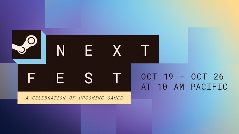 NEXT Fest event banner with Steam logo, purple-blue gradient background, and dates Oct 19–26 at 10 AM Pacific