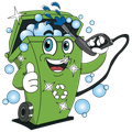 A cartoon green recycling bin character with a happy face, giving a thumbs up while holding a pressure washer and cleaning.