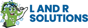 A smiling green trash bin mascot with soapy bubbles and a hose next to the bold blue text "L AND R SOLUTIONS."