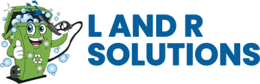 A smiling green trash bin mascot with soapy bubbles and a hose next to the bold blue text "L AND R SOLUTIONS."