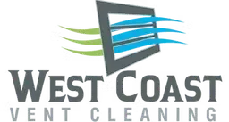 Logo for West Coast Vent Cleaning: a dark grey vent icon with flowing green and blue air waves, above the company name.