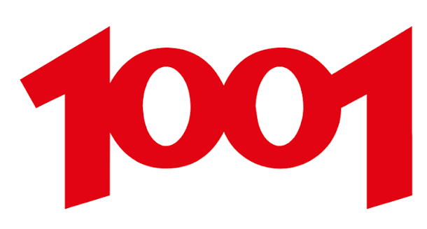 Logótipo vermelho “1001” sobre fundo branco
