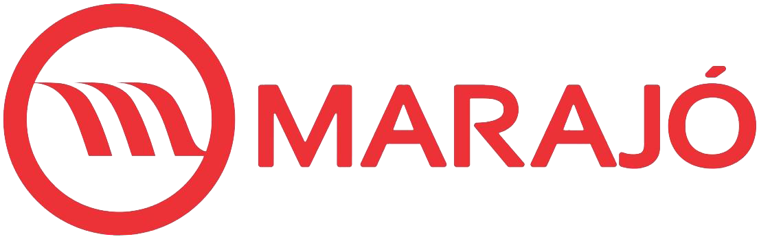 Logotipo da Red Marajó com um emblema circular e a palavra “MARAJÓ” em negrito e vermelho.