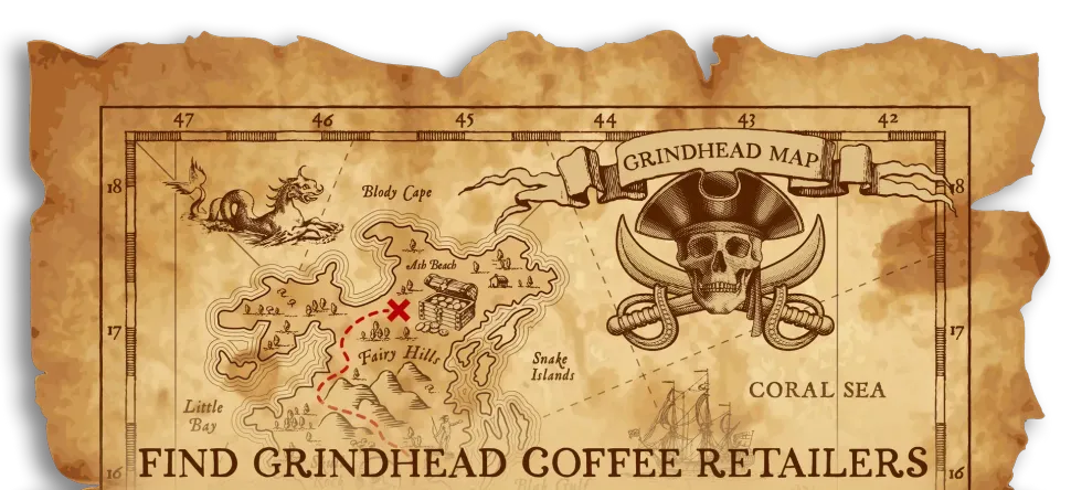 Vintage treasure map with a coffee cup and text “Find Grendhead Coffee Retailers”