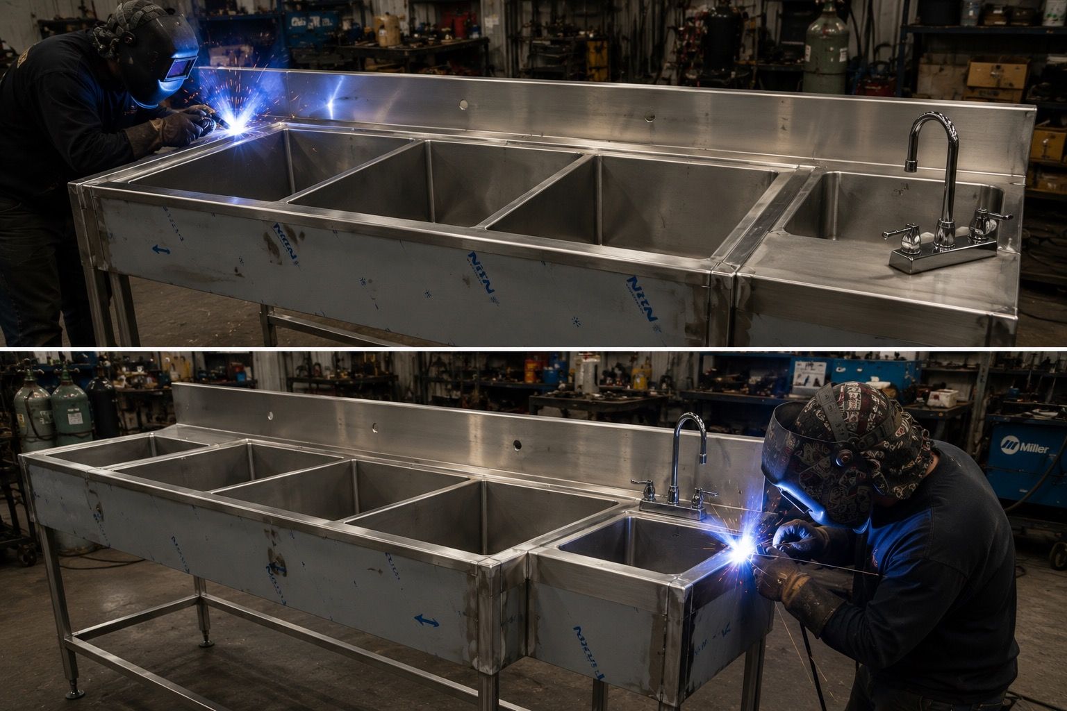 Worker welding a large stainless-steel tank indoors at night