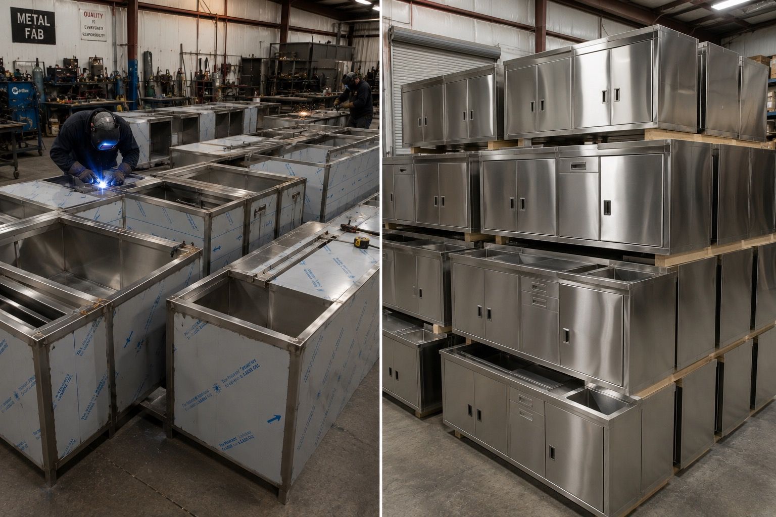 Stacks of silver metal storage boxes in an industrial workshop, with welding equipment visible on the left.