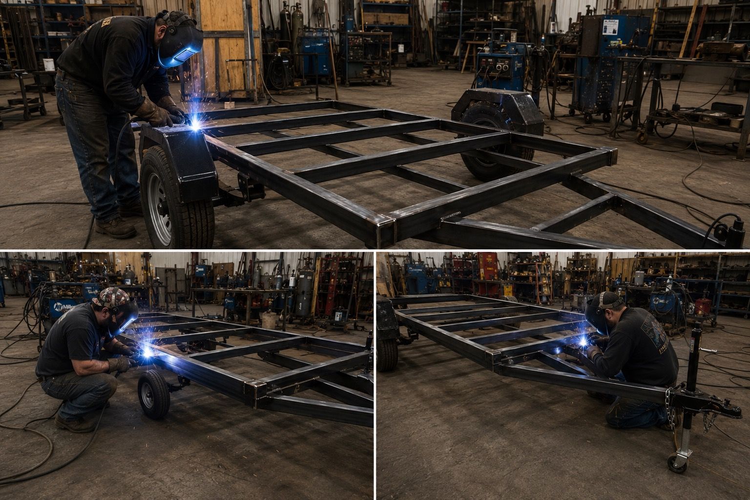 Workers welding a large black metal frame in an industrial workshop, blue sparks visible.