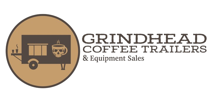Grindhead Coffee Trailers logo with a tan food trailer icon and coffee cup, black text on white background