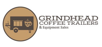 Grindhead Coffee Trailers logo with a tan food trailer icon and coffee cup, black text on white background