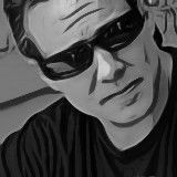 Black-and-white close-up of a person wearing dark sunglasses, looking slightly downward with a neutral expression.