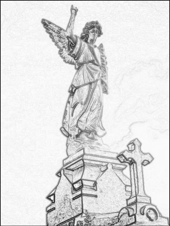 Sketch of an angel statue standing on a stone pedestal beside a cross on a church rooftop.